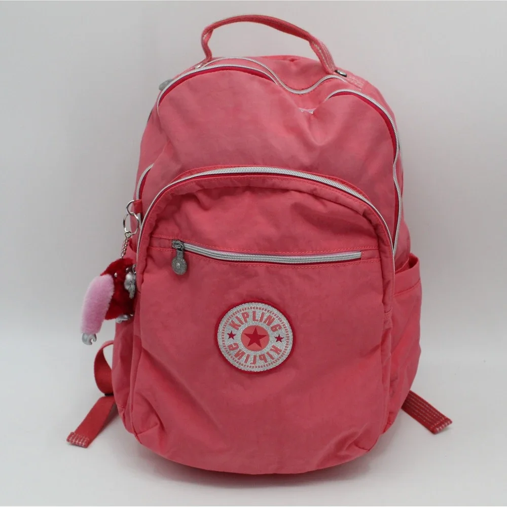 Kipling Seoul Extra Large Laptop Backpack Coral Pink Nylon Monkey Keychain Bag
